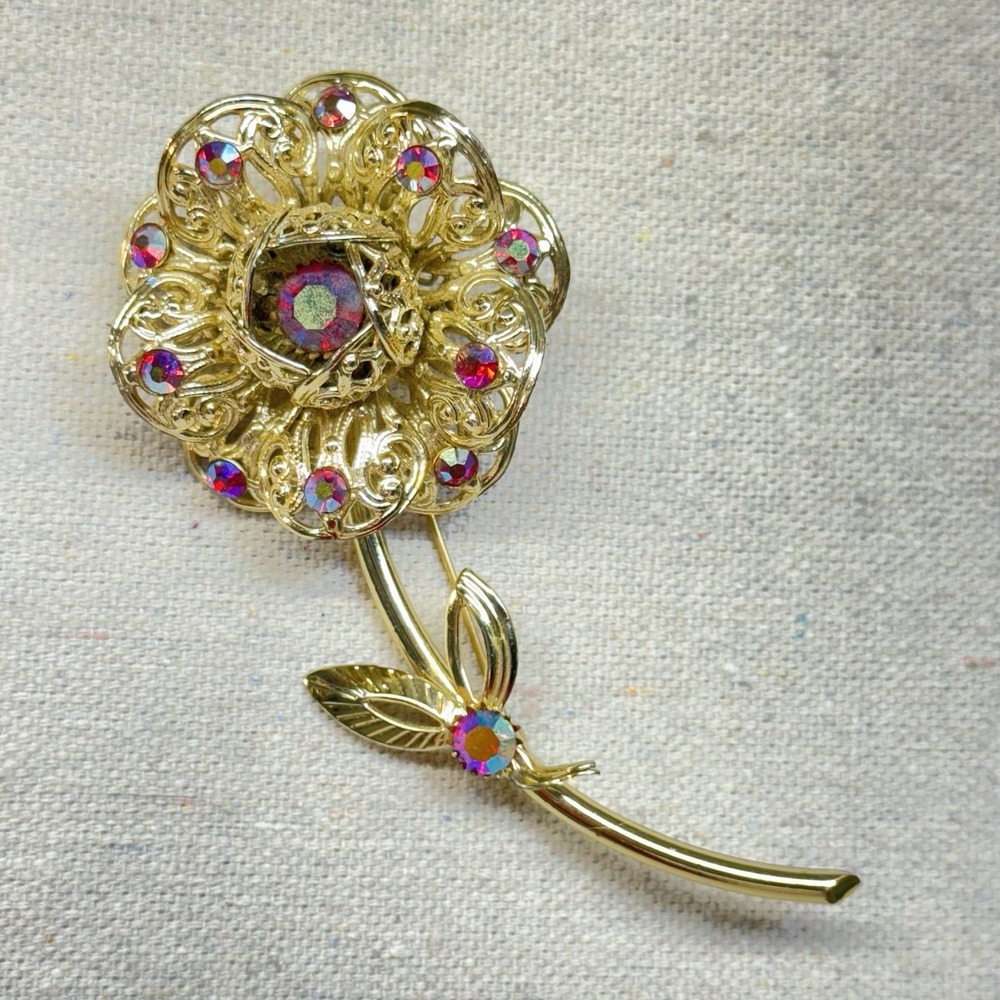 Sarah Coventry Flower Brooch Women OS Gold Aurora Borealis‎ Filigree Vintage MCM